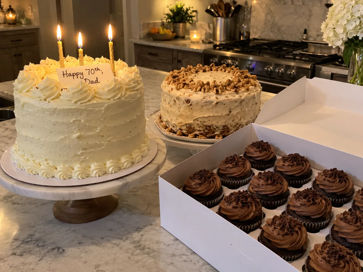 A frosted sugar-free birthday cake with candles next to a carrot cake and a box of cupcakes