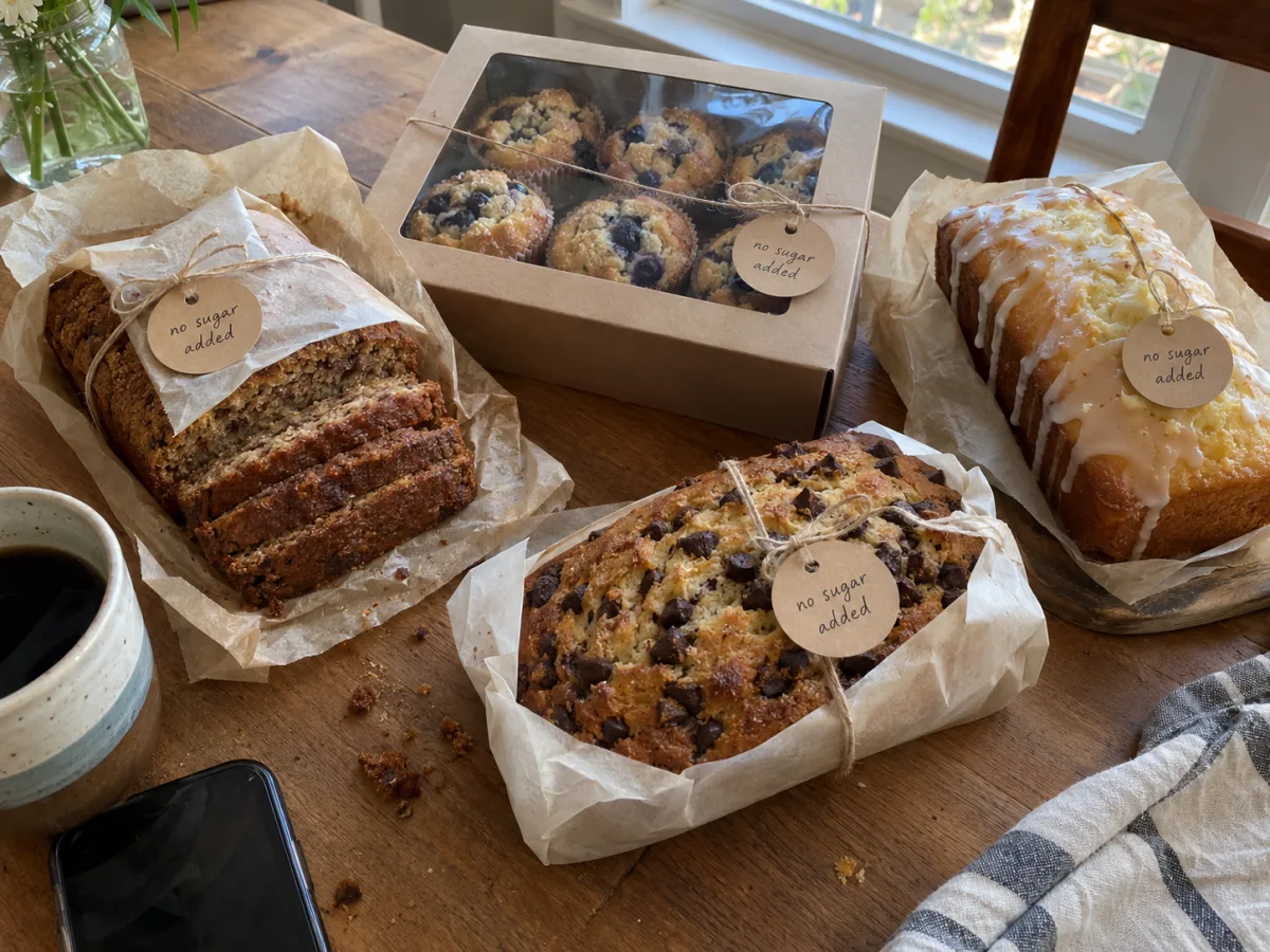 Sugar-free banana bread, pound cake and muffins wrapped and labeled for weekly orders