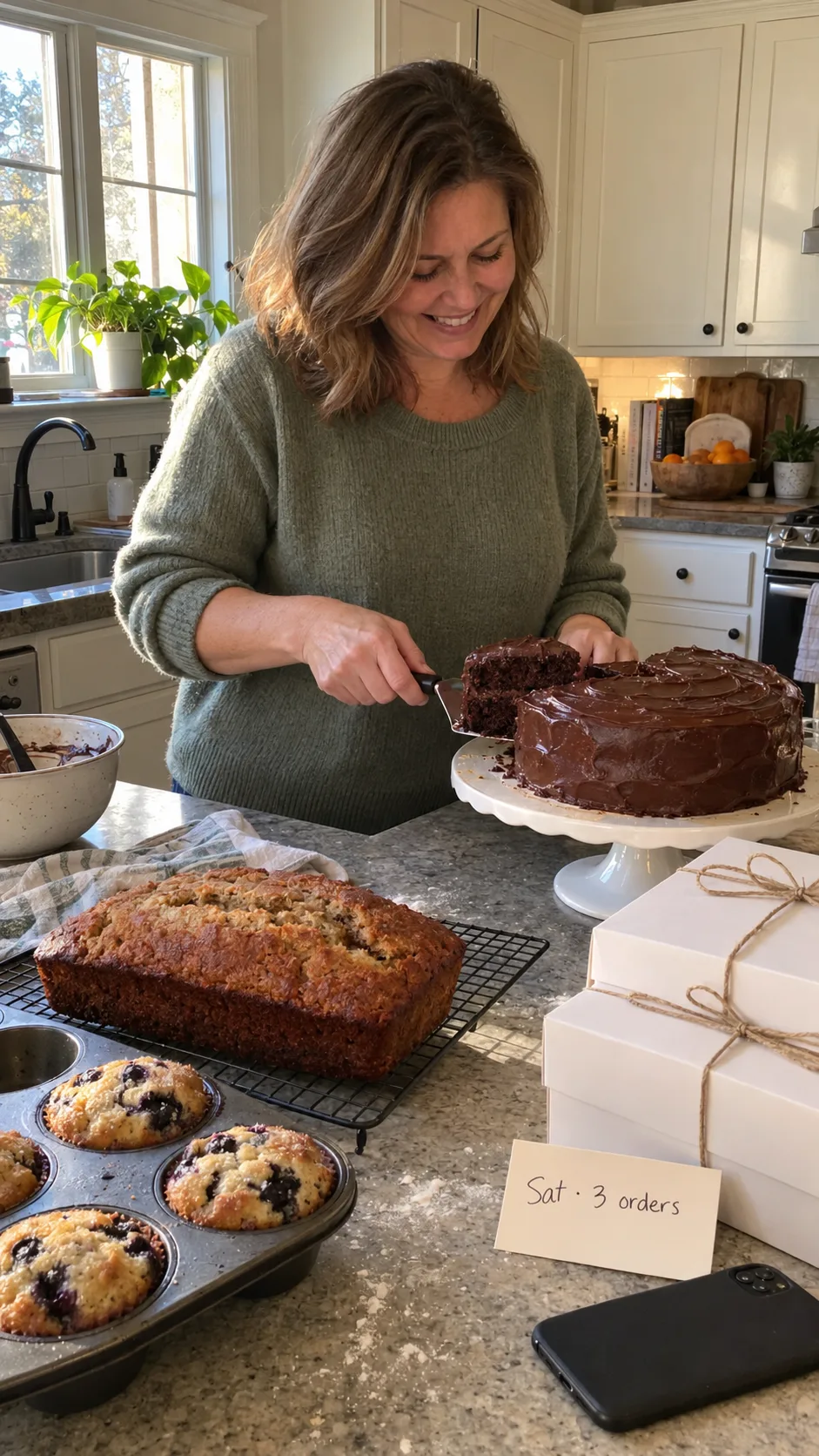 A woman slicing a sugar-free chocolate cake at her kitchen counter, with loaves and muffins boxed for orders
